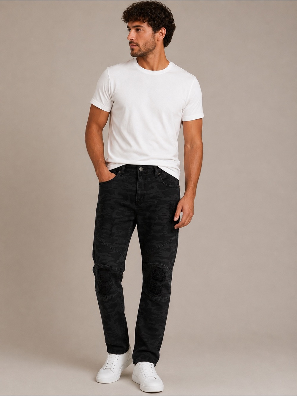 Men's Waimea Men's Skinny Camo Distressed Dark Wash Denim Jeans